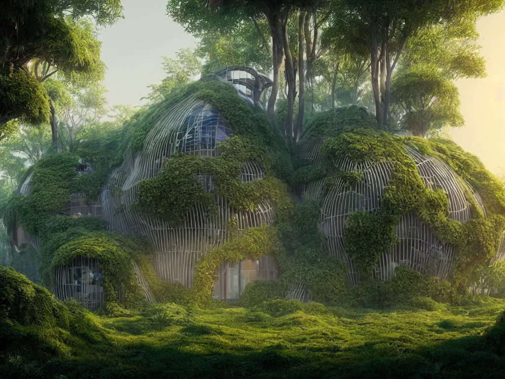 Prompt: beautiful organic house made from imaginary plants in a forest, architectural render, futuresynth, chillwave, vegetal architecture, blender, by moebius, sunrise, ((mist)), junglepunk, trending on artstation