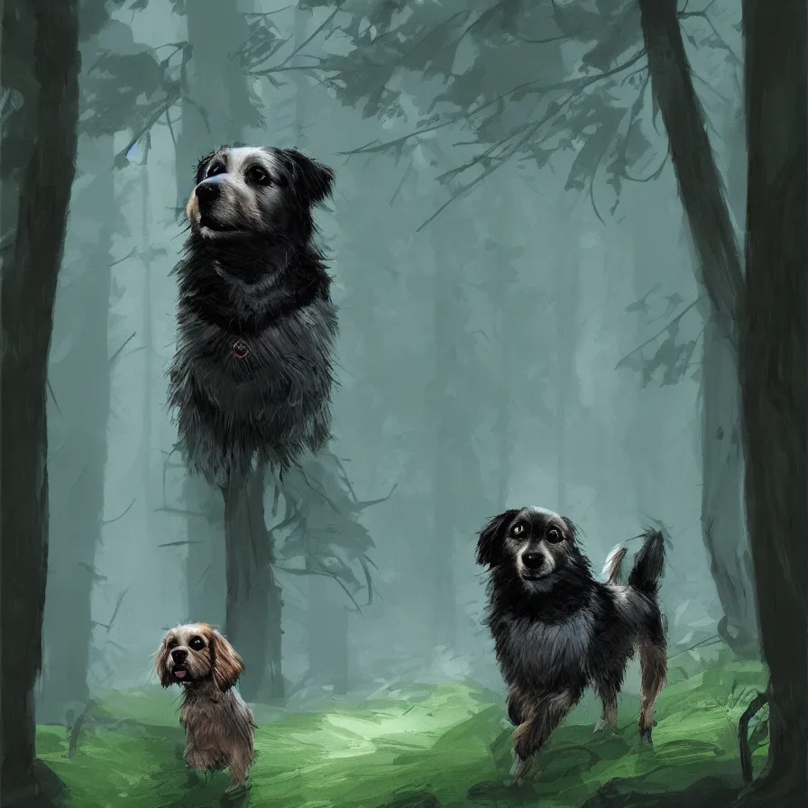 Image similar to photo of a dog in the woods ilustration, concept art, sharp focus, ArtStation
