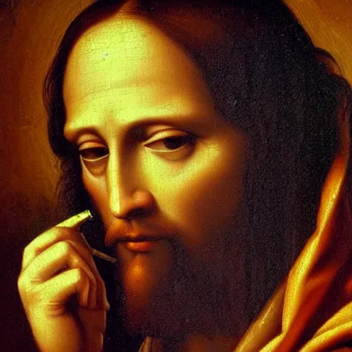 Image similar to an impasto oild painting of jesus smoking a cannabis joint painted by leonadro da vinci, rennaissance painting, high detailed oil painting, masterpiece, artstation