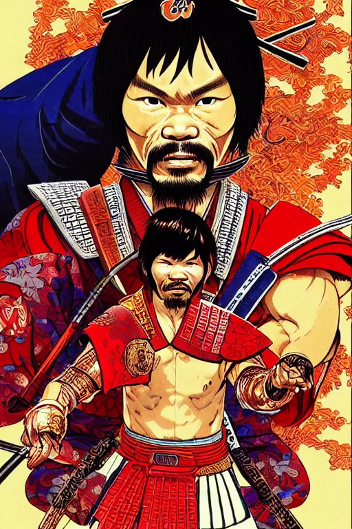 Prompt: poster of manny pacquiao as a samurai, wearing sengoku - era shogunate armor, by yoichi hatakenaka, masamune shirow, josan gonzales and dan mumford, ayami kojima, takato yamamoto, barclay shaw, karol bak, yukito kishiro