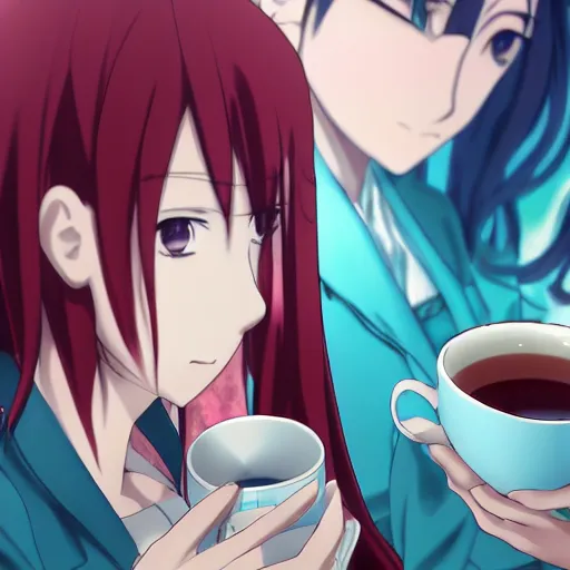 Prompt: Anime art of Makise Kurisu and Hatsune Miku drinking tea together, anime, zerochan, scenery by Makoto Shinkai, 4k