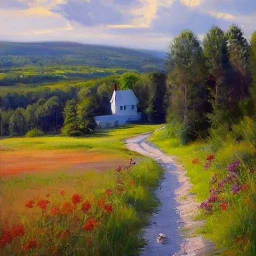 Image similar to Swedish countryside, freedom, dawn, archipelago, painting by Vladimir Volegov