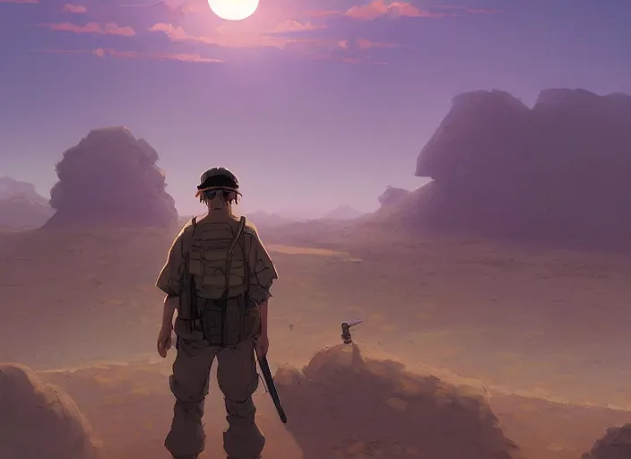 Image similar to detailed concept art background studio ghibli, soldier roaming through desert with city in the skyline, two suns, purple orange colors, sharp focus, illustration, highly detailed, digital painting, concept art, matte, art by wlop and artgerm and greg rutkowski, masterpiece