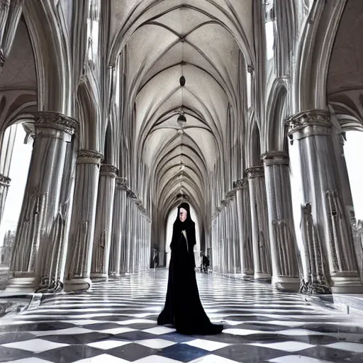 Image similar to architect, white marble gothic cathedral with a alabaster gothic girl dressed in black with perfect face