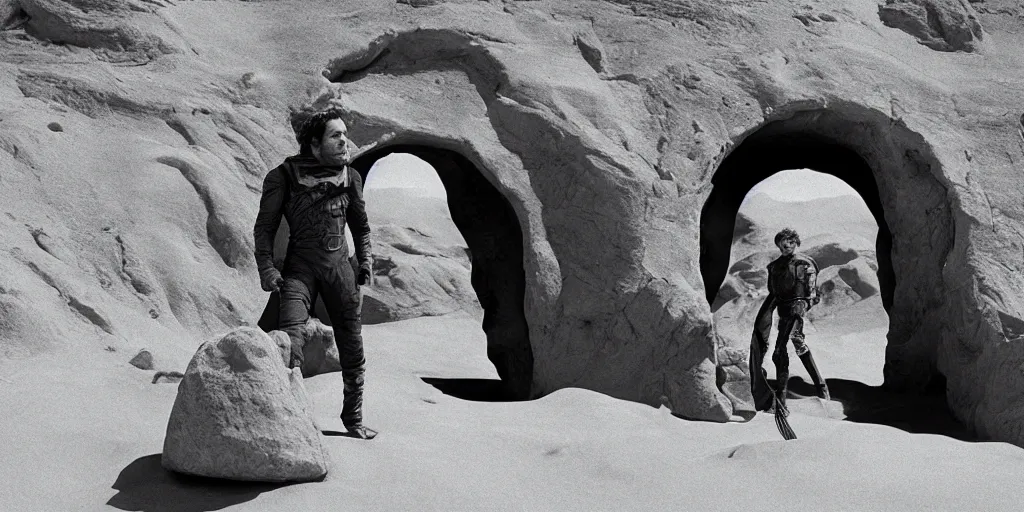 Image similar to Paul Rudd in the movie Dune, black and white matte painting, comic book, walking through a large arch gateway in the desert