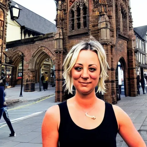 Image similar to A detailed photo of Kaley Cuoco under the Eastgate clock in Chester. Behind her we see a black panther