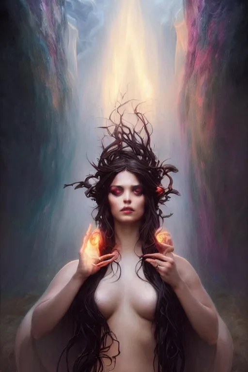 Image similar to seductive looking sorceress prays!!! magic the gathering, windy hair!, surreal dark fantasy, cinematic volumetric lights, portrait, dnd, intricate, elegant, highly detailed, digital painting, artstation, concept art, smooth, sharp focus, illustration, art by artgerm and tom bagshaw and greg rutkowski and alphonse mucha