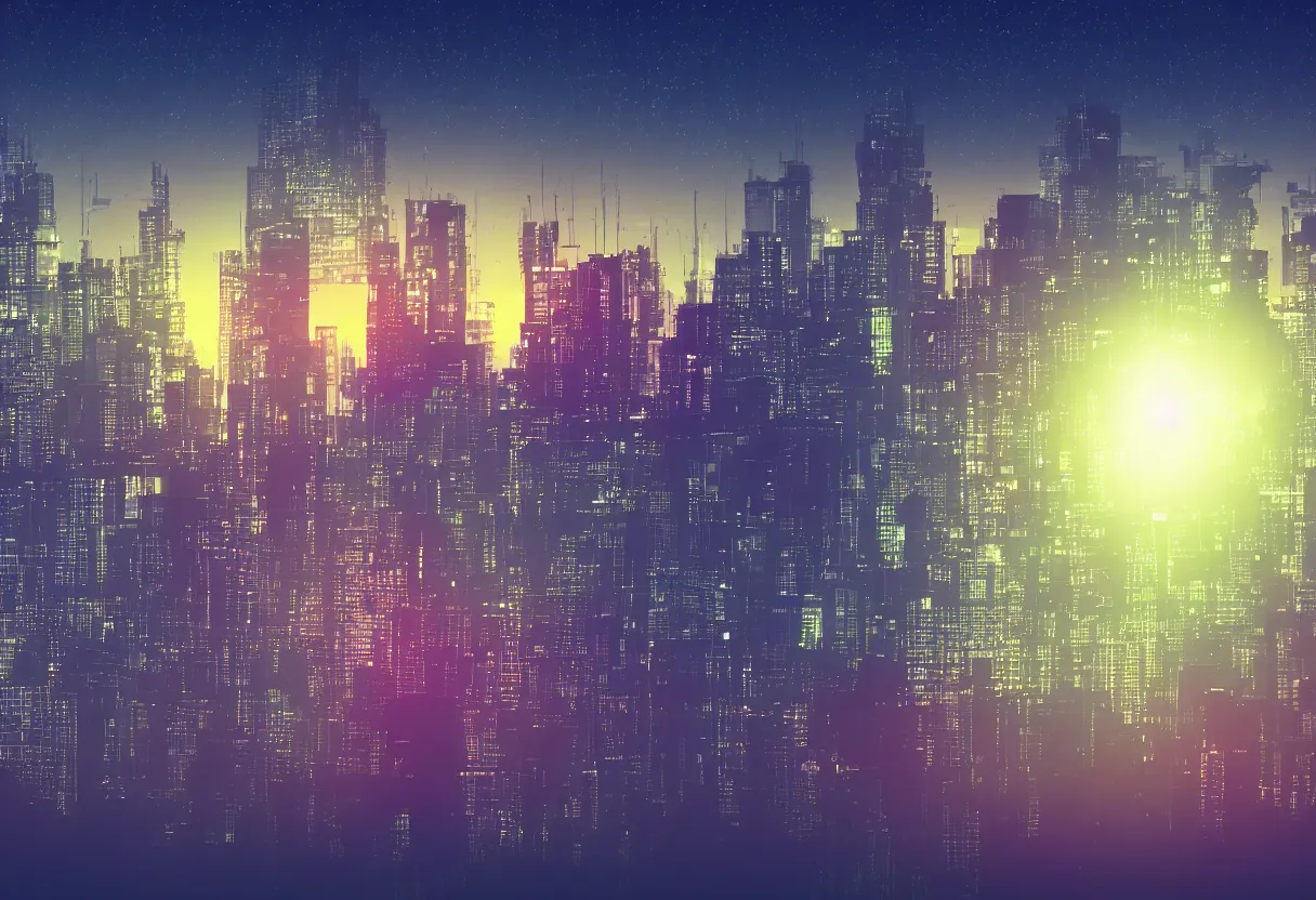 Prompt: a very wide shot of a silhouette watching a futuristic city, night time, 2D 8bits graphic, degradation filter, high compression, low saturation, gradient, weird
