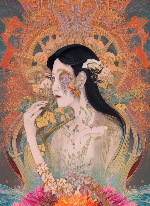 Image similar to portrait full three kingdom breathtaking detailed concept art painting art deco pattern of birds goddesses amalmation flowers head thibetan temple, by hsiao ron cheng, tetsuya ichida, bizarre compositions, exquisite detail, extremely moody lighting, 8 k, art nouveau, old chines painting, art nouveau