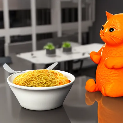 Image similar to Fat, cute orange cat in a suit eating ramen, busy restaurant, close up, octane render by Lynda Benglis, 4K, 8K