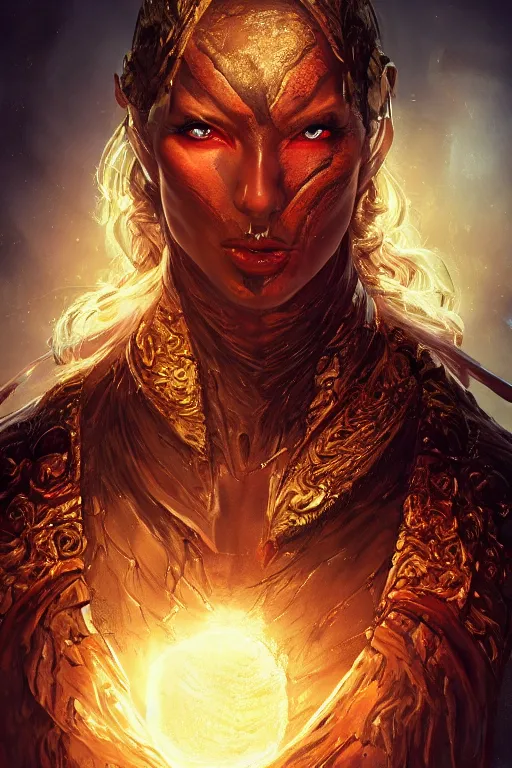Prompt: fantasy character concept portrait, digital painting, wallpaper of a huntress with skin of obsidian, with veins of magma and gold, renaissance nimbus overhead, by aleksi briclot, by laura zalenga, by alexander holllow fedosav, 8 k dop dof hdr, vibrant