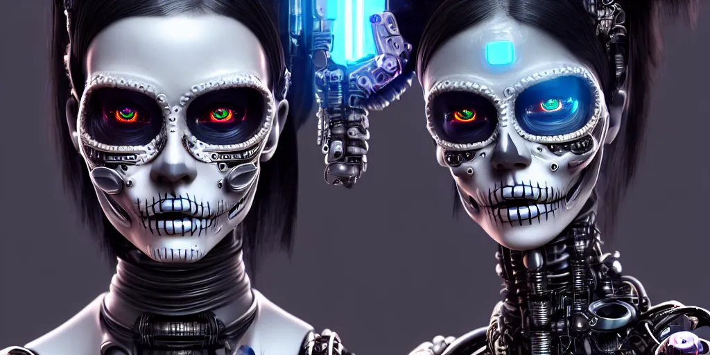 Image similar to ultra detailed, Mechanical Cyberpunk Female Android, dia de los muertos, cyberpunk, fantasy, intricate details, elegant, super highly detailed, professional digital painting, artstation, concept art, smooth, sharp focus, no blur, no dof, extreme illustration, Unreal Engine 5, Photorealism, HD quality, 8k resolution, cinema 4d, 3D, beautiful, cinematic, art by artgerm and michael welan and DZO and greg rutkowski and alphonse mucha and loish and WLOP