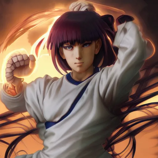 Prompt: hinata hyuuga as a street fighter character, cg animation, fully clothed, capcom, realistic, character select portrait, by artgerm, greg rutkowski, alphonse mucha, 3 d