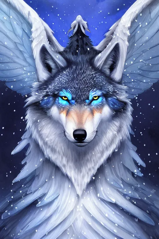 Image similar to blue wolf with wings, facing front, regal, elegant, winter, snow, beautiful, stunning, hd, illustration, epic, d & d, fantasy, intricate, elegant, highly detailed, digital painting, artstation, concept art, smooth, sharp focus, illustration, wallpaper, art by artgerm and greg rutkowski and alphonse mucha and jin xiaodi