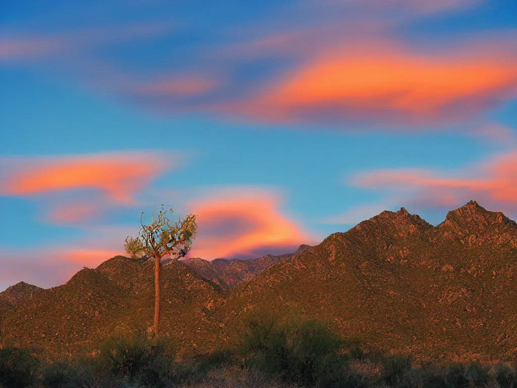 Prompt: lenticular clouds at sunset over the santa catalina mountains in Arizona, National Geographic photograph, Exacta VX-500, Kodachrome 64 slide film