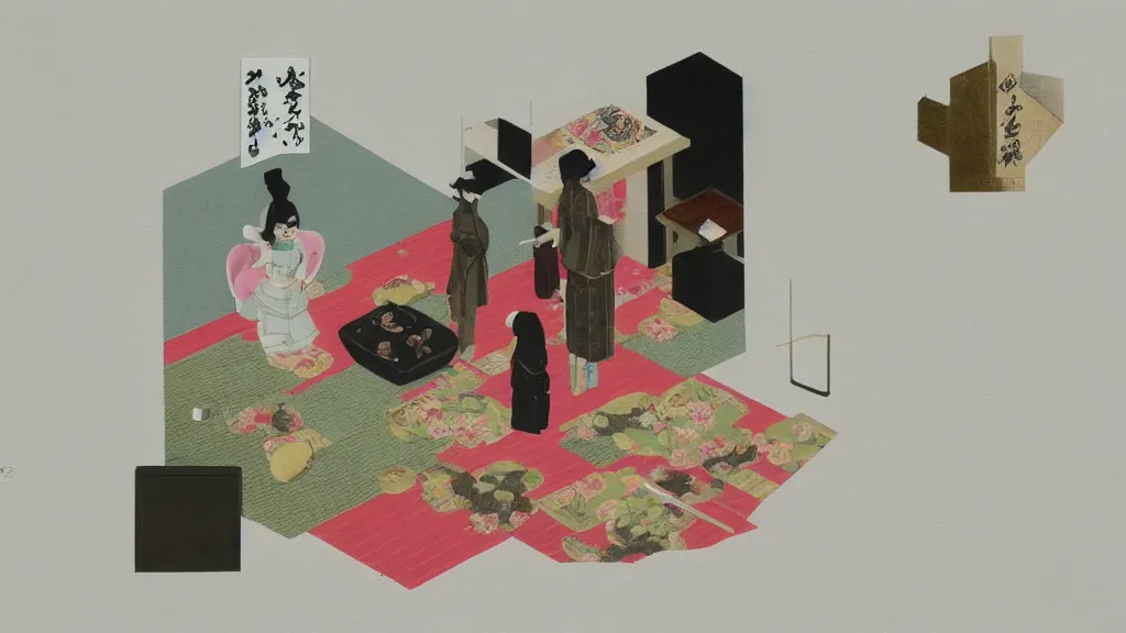 Image similar to a small tea ceremony, japan, a collage painting, in the style of wes anderson, lola dupre, david hockney, isolated on negative white space background dark monochrome neon spraypaint accents volumetric octane render