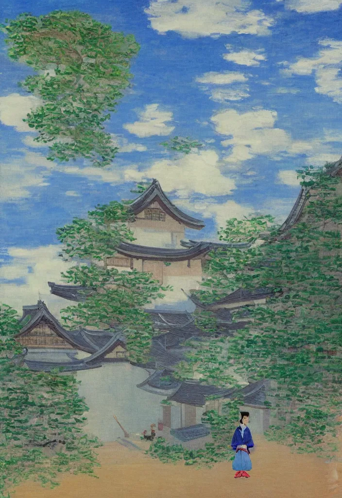 Prompt: tiny samurai in front of a futuristic japanese country side landscape, edo era house in the background, blue sky, magnificient clouds, lofi vibe, vivide colors, amazing light, really beautiful nature, oil painting, impressionist style, by claude monet, by ghibli, abstract kandinsky elements, multiple brush strokes, masterpiece