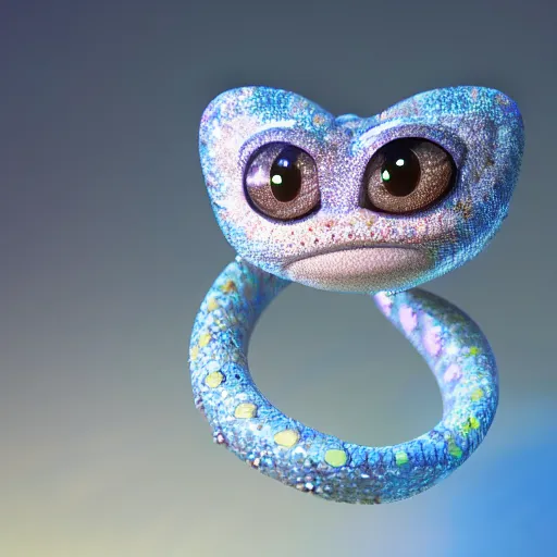 Prompt: baby gem snake, snake, big eyes, crystalized scales, white fur with gems, pastel colours, shiny glitter / crystals, pixar animation style, detailed, soft light, octane render, 4 k,