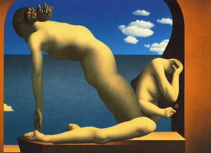 Image similar to a female goddess find forbidden knowledge by rene magritte and salvadore dali