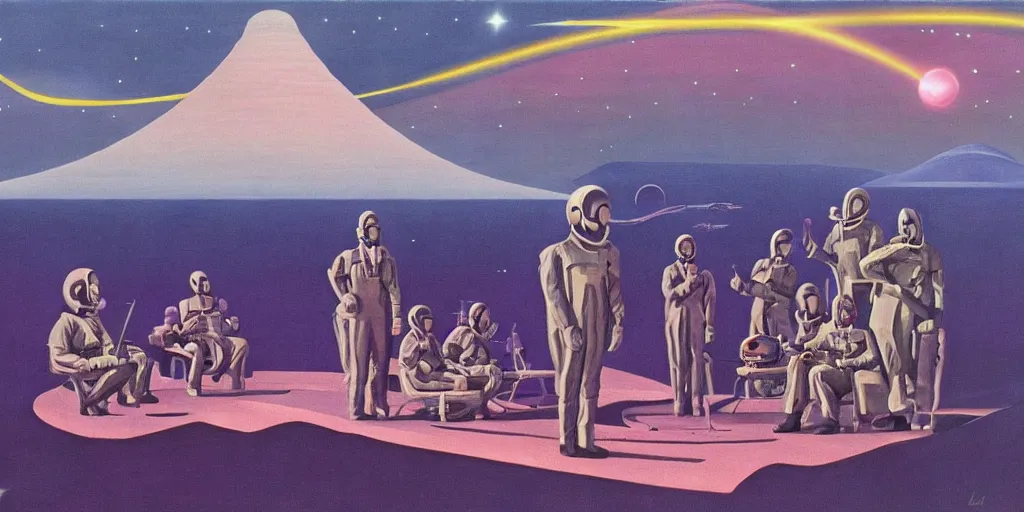 Prompt: surreal painting by chesley bonestell!!, twelve astronauts sitting by the river with a big holiday cake + psychedelic vegetation + purple, pink, blue + planets and stars + mystical fog, vintage sci - fi style of the 5 0 s, rule of the third!!!!, line graphics, 8 k, super detail, high quality