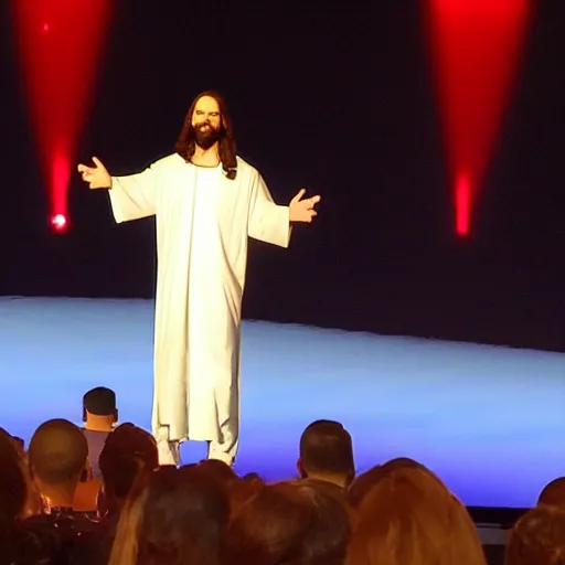 Image similar to jesus on stage at e 3 introducing game about jesus, photograph, 2 0 1 7, 4 k