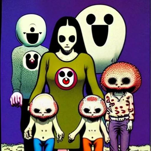 Image similar to a creepy family, by richard corben and takashi murakami