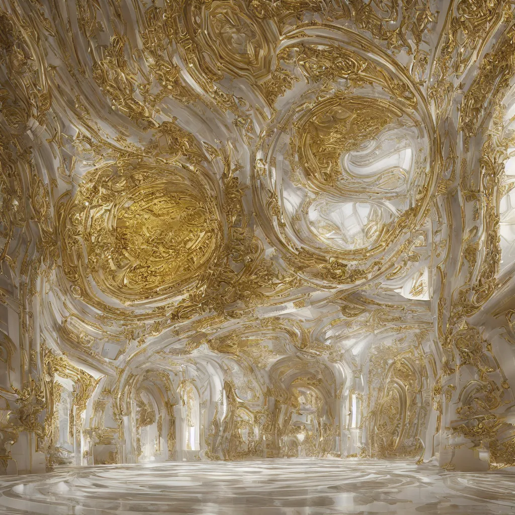 Prompt: an incredibly smooth curvilinear neo baroque interior architectural sculpture, a golden pool on the ground is envelope by folding white surfaces, blue light, visually satisfying architecture render