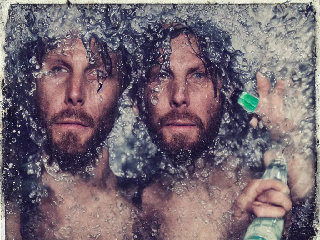 Prompt: lorenzo cherubini jovanotti submerged in plastic bottles crying, polaroid color photo, ultra realistic