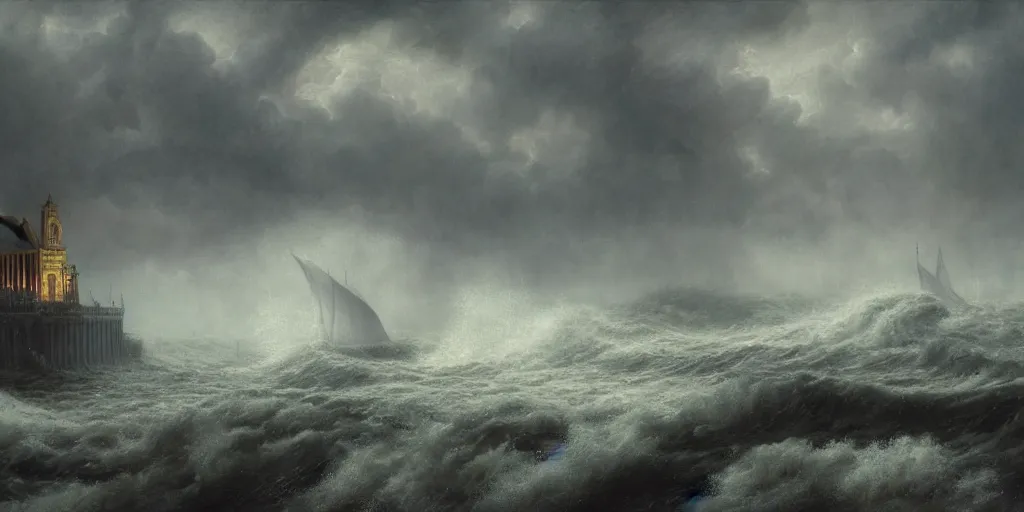 Prompt: A highly detailed matte painting of a huge pipe organ in a stormy sea in a storm, fog, rain, volumetric lighting, imax render, 8K resolution, trending on artstation, style of alan lee and john howe