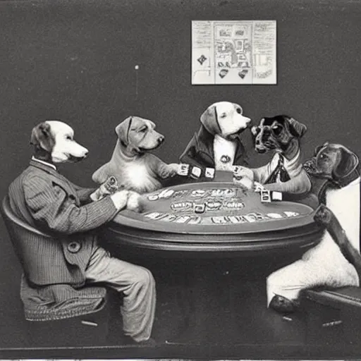 Image similar to “dogs playing poker and smoking, 1900’s photo”