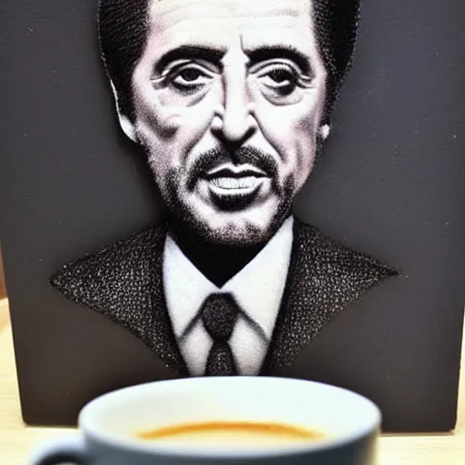 Image similar to al pacino portrait made of milk foam and coffee in a cup of cappuccino, high detail