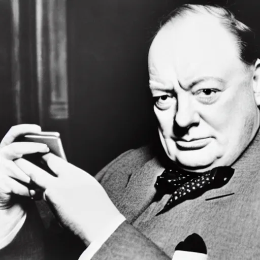 Prompt: A black and white photograph, circa 1940s, of Winston Churchill using a smartphone