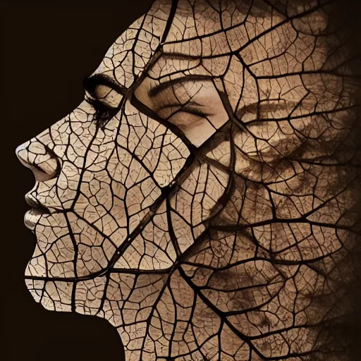 Image similar to profile of a woman made of leaves, double exposure, artistic, hd, b&w