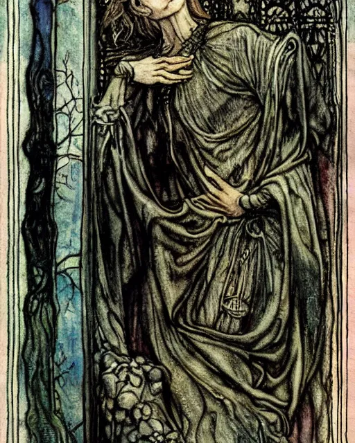 Image similar to tarot card detailed painting, illustration, tarot card framing with roman numbers, in style of Arthur Rackham