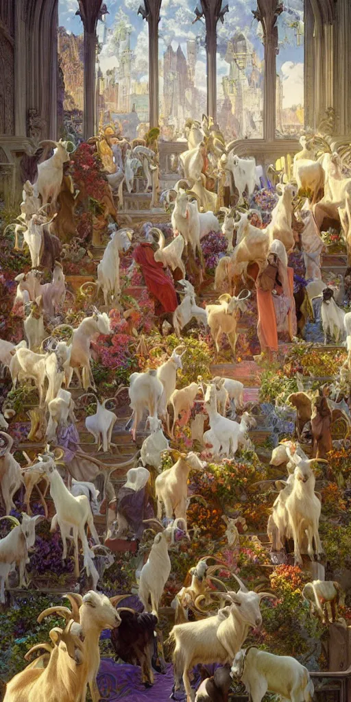 Image similar to a herd of goats! on stairs in a beautiful fantasy cathedral, epic, grandiose, many goats, magic, tall towers, gorgeous clouds, colorful, sunrays, digital painting, landscape, octane render, unreal engine, high detail, very realistic, by alphonse mucha