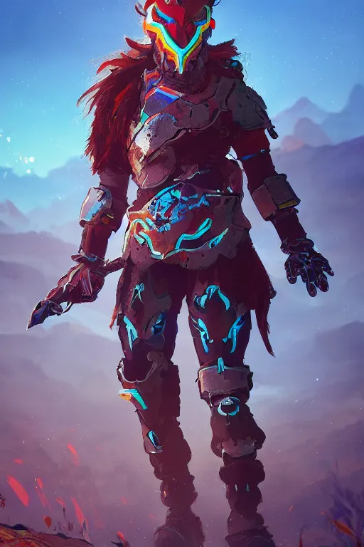 Image similar to combination suit armor aloy horizon forbidden west horizon zero dawn radiating a glowing aura global illumination ray tracing hdr fanart arstation by ian pesty and alena aenami artworks in 4 k tribal robot ninja mask helmet backpack