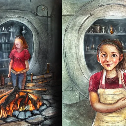 Image similar to the blacksmits’ daughter working in the forge, a smile at her face, dramatic light, fire, fantasy art in the style of Lilia Alvarado,