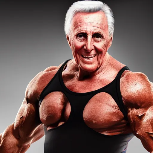 Prompt: Bruce forsythe with the physique of a body builder, hyper realistic, ultra detailed, cinematic, dynamic lighting, photorealistic, refined, intricate, digital art, digital painting, masterpiece, 8k