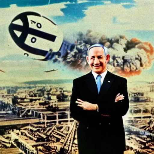 Image similar to portrait of Benjamin Netanyahu grinning and crossing arms, Hindenburg disaster in background, colored, rich vivid colors, official media, HQ