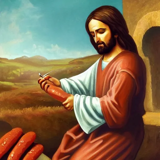 Prompt: Jesus eating a hotdog while reloading his revolver painting