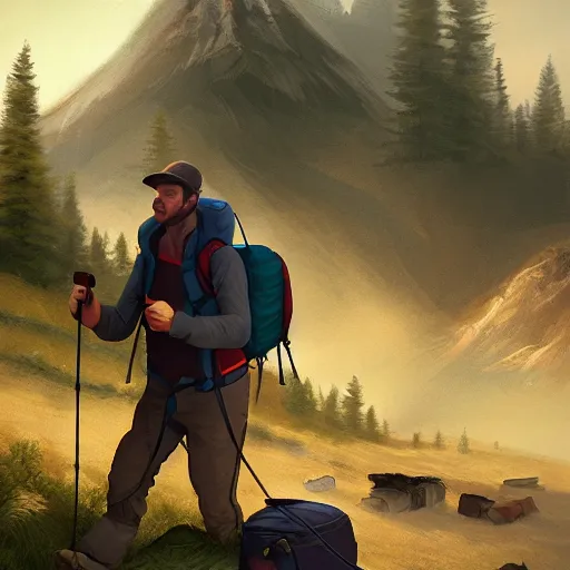 Image similar to hiker unloading the car before camping, by roman shipunov, cgsociety, fantasy art, 2 d game art