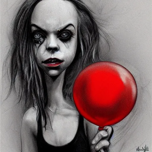 Image similar to surrealism grunge cartoon portrait sketch of billie eilish with a wide smile and a red balloon by - michael karcz, loony toons style, pennywise theme, horror style, detailed, elegant, intricate