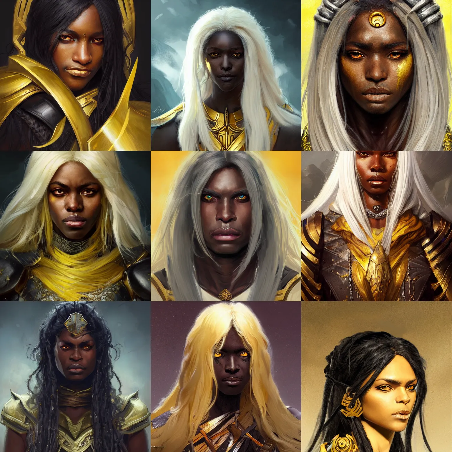 Prompt: black-skinned warrior, headshot, long white hair, yellow eyes, fantasy, D&D, painted character portrait, highly detailed, digital painting, artstation, concept art, sharp focus, illustration, art by artgerm and greg rutkowski and alphonse mucha