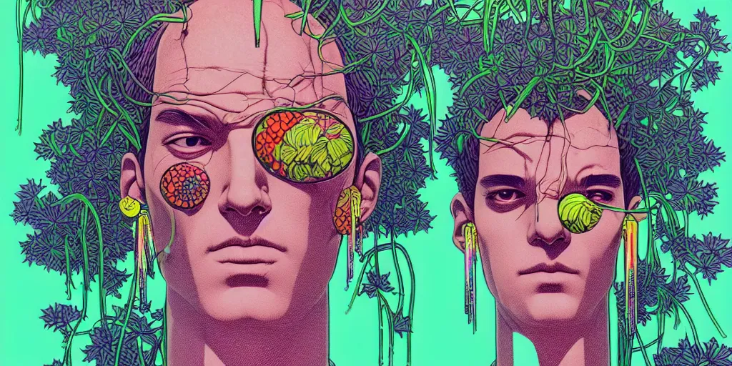 Image similar to risograph grainy drawing futuristic sci - fi antagonist face wearing earrings, photorealistic colors, face covered with plants and flowers, by moebius and satoshi kon and dirk dzimirsky close - up portrait, hyperrealistic