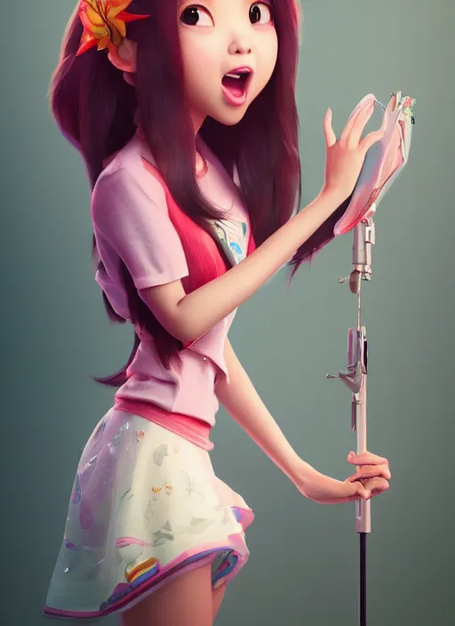 Image similar to a cute asian girl singing, flowing hair in the style of pixar animation, full body shot, low angle view, award winning, hyper detailed, studio lighting, artstation, octane renderer, unreal engine