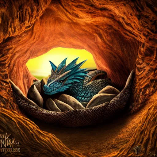 Image similar to dragon in his nest by a cavern, sunrise, ultra photorealistic, 8k, cinematic, dramatic