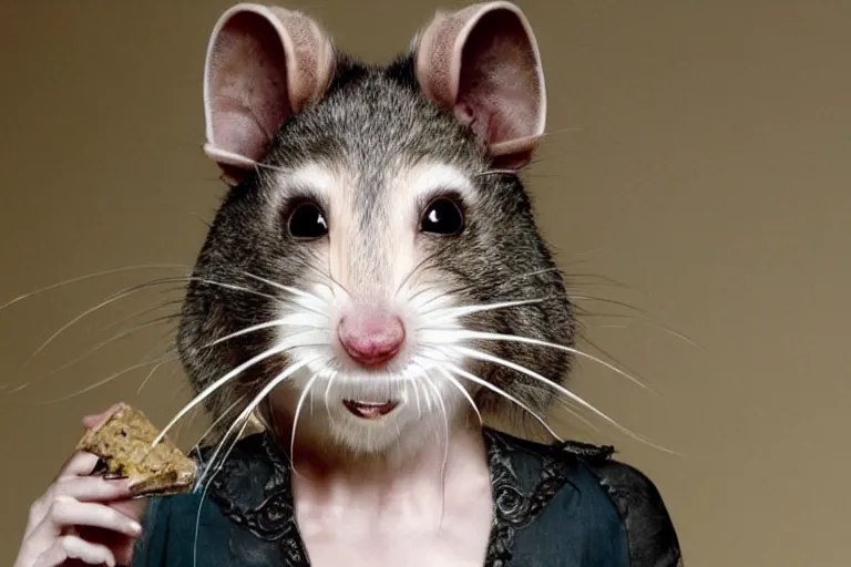 Image similar to photo, emma watson as anthropomorphic furry - rat, she is a real huge fat rat with rat body, cats! are around, eating cheese, highly detailed, intricate details