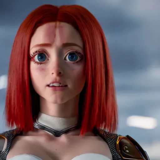 Image similar to cinematic still of red - haired ariana grande in alita : battle angel ( 2 0 1 9 ), xf iq 4, f / 1. 4, iso 2 0 0, 1 / 1 6 0 s, 8 k, raw, dramatic lighting, symmetrical balance, in - frame