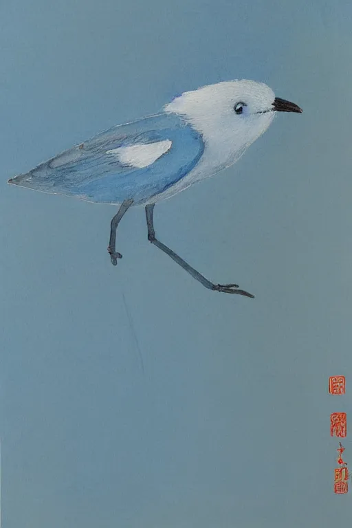 Image similar to A small, delicate bird with pale blue plumage and long, skinny legs. It is hopping on the ground, searching for food. The background is a beautiful blue sky on a autumn day. meticulous painting, by xue ji, bian luan