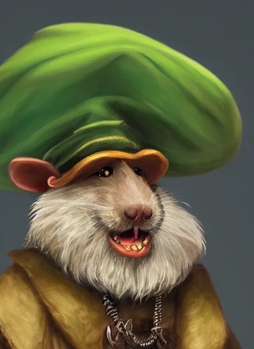 Image similar to oilpainting of an anthropomorphic rat with beard and human eyes, wearing jewelry, tricorne hat, green robe, d & d, digital art, detailed face, highly detailed, trending on artstation, 4 k, sea in the background